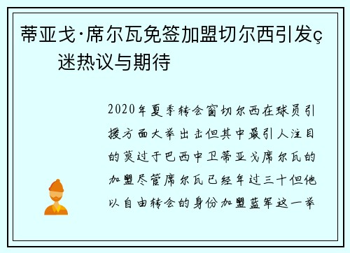 蒂亚戈·席尔瓦免签加盟切尔西引发球迷热议与期待 蒂亚戈·席尔瓦免签加盟切尔西引发球迷热议与期待