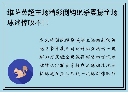 维萨英超主场精彩倒钩绝杀震撼全场球迷惊叹不已 维萨英超主场精彩倒钩绝杀震撼全场球迷惊叹不已