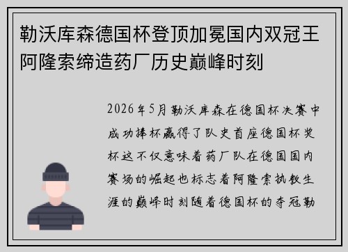勒沃库森德国杯登顶加冕国内双冠王阿隆索缔造药厂历史巅峰时刻